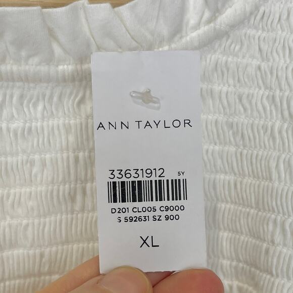 NWT ANN TAYLOR Smocked Knit Top Ruffle Neck 3/4 Sleeve Cotton Knit White Size XL - Picture 3 of 10